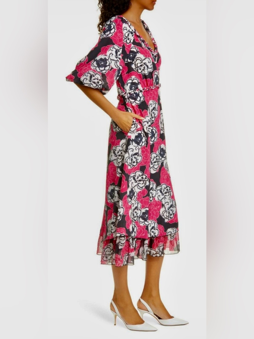 DYVNA Pink Graphic Flower Silk Midi Dress